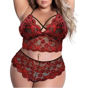 NWT 2pc Sexy Lace Bralette Bra Cheeky Panty Set 2XL Black Red